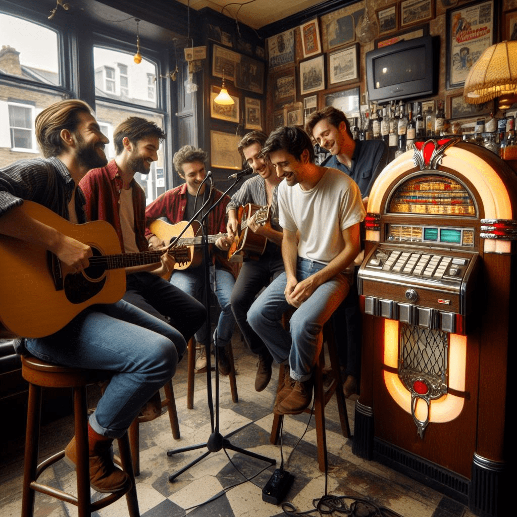 AI generated image of a local pub band at their first gig.